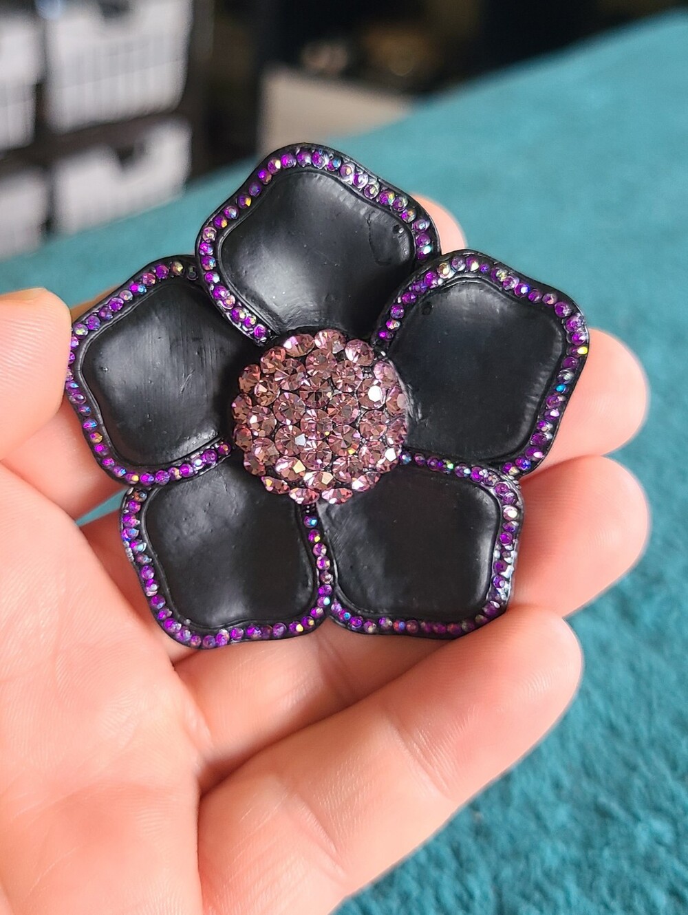 Black Flower Brooch with Purple Crystal Trim and Pink Center - Women's Jewelry